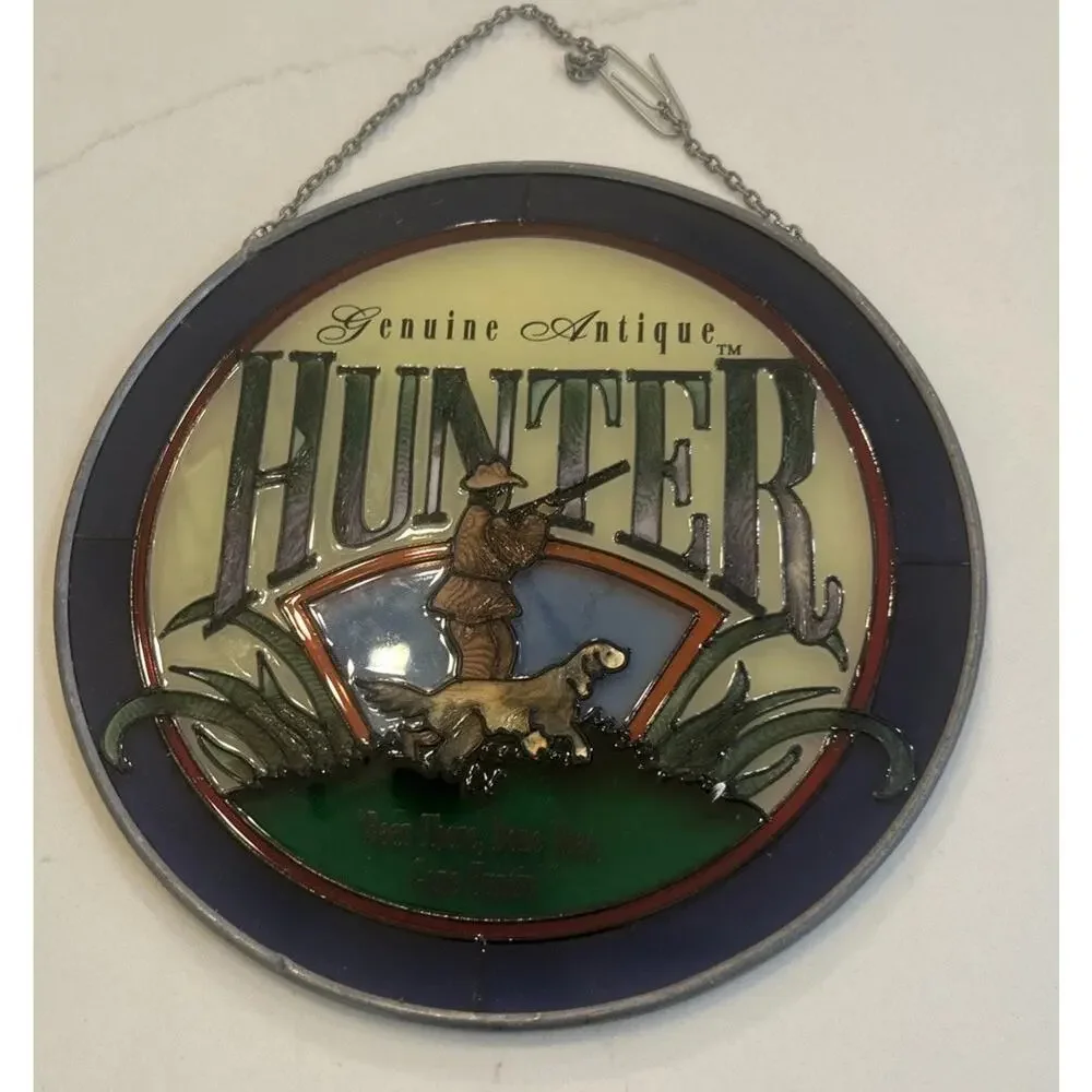 GENUINE ANTIQUE HUNTER Stained Glass Round Wall Hanger‎ Artist ANDE ROONEY